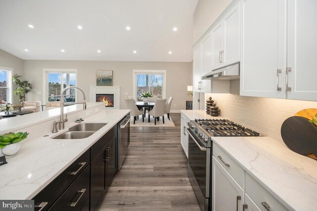 kitchen with stainless steel appliances, light stone countertops, sink, and white cabinets