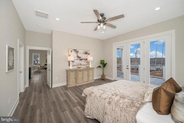 bedroom with french doors, ceiling fan, hardwood / wood-style floors, and access to outside