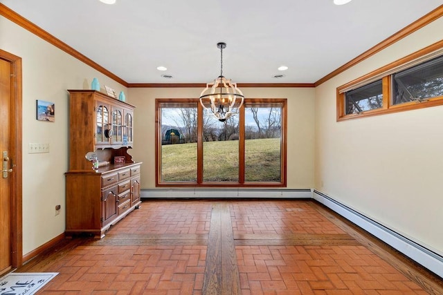 unfurnished dining area with crown molding, a notable chandelier, and baseboard heating