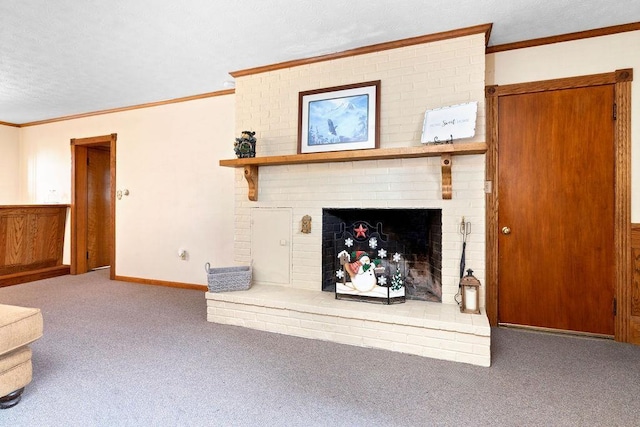 unfurnished living room with carpet, ornamental molding, and a fireplace