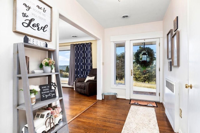 entryway featuring radiator, plenty of natural light, crown molding, and dark hardwood / wood-style flooring