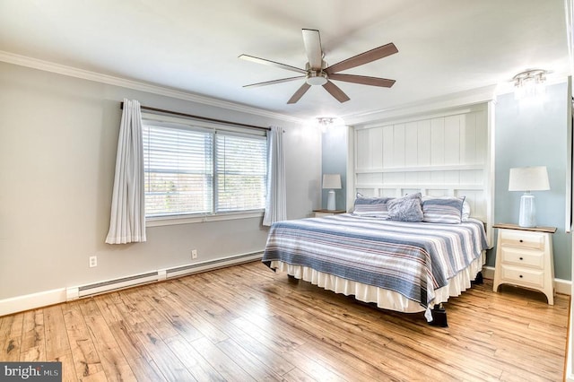 bedroom featuring ceiling fan, baseboard heating, wood finished floors, and ornamental molding