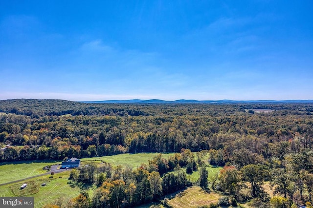 drone / aerial view featuring a mountain view and a view of trees