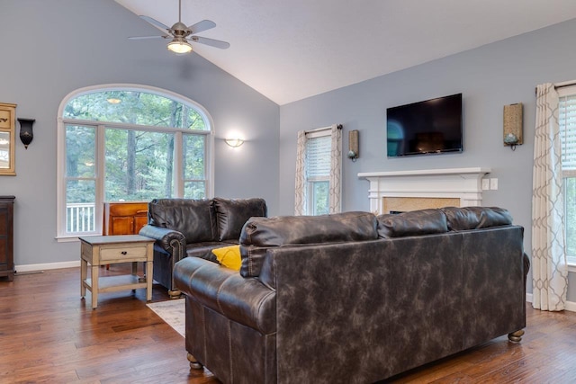 living room with ceiling fan, high vaulted ceiling, and dark hardwood / wood-style flooring