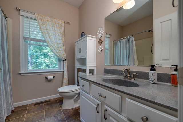 bathroom featuring vanity, tile patterned floors, and toilet