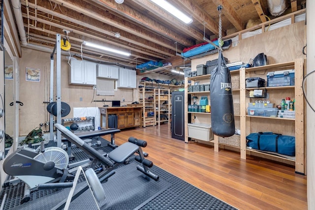 exercise area featuring hardwood / wood-style flooring