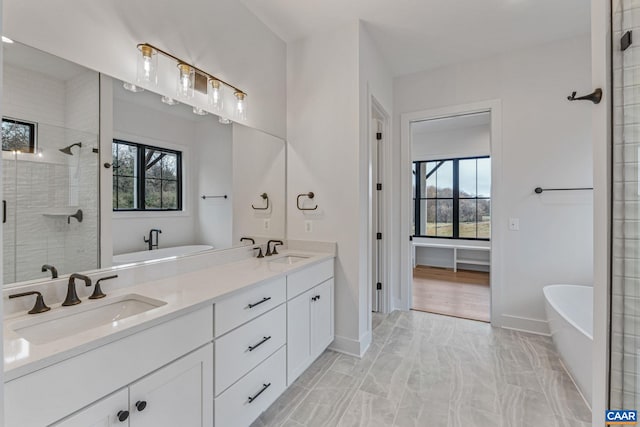 bathroom featuring a healthy amount of sunlight, a stall shower, and a sink