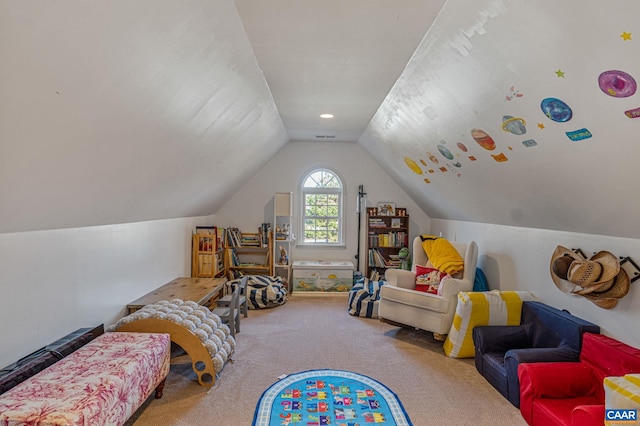 game room with lofted ceiling and carpet