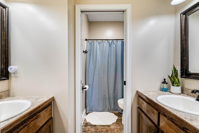 full bathroom with vanity, a shower with curtain, and toilet