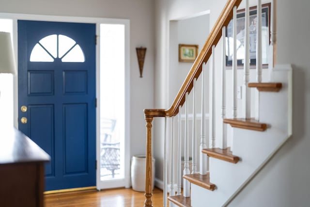 foyer entrance with hardwood / wood-style floors