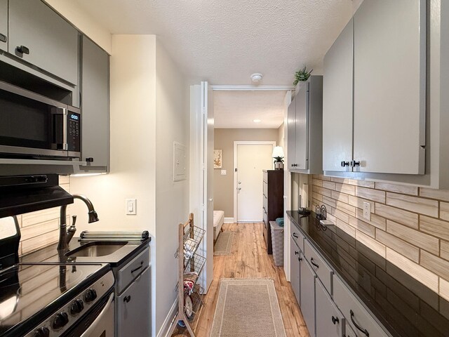 kitchen featuring sink, light hardwood / wood-style flooring, appliances with stainless steel finishes, gray cabinetry, and tasteful backsplash