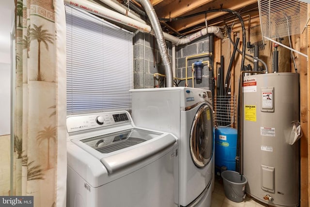 laundry area with water heater, laundry area, and washer and clothes dryer