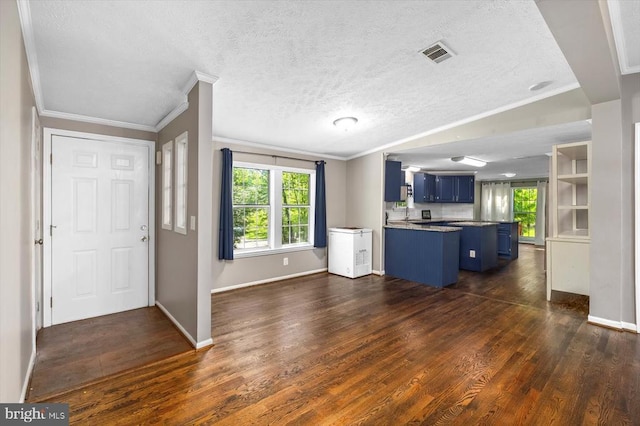 interior space with dark wood finished floors, ornamental molding, and a wealth of natural light