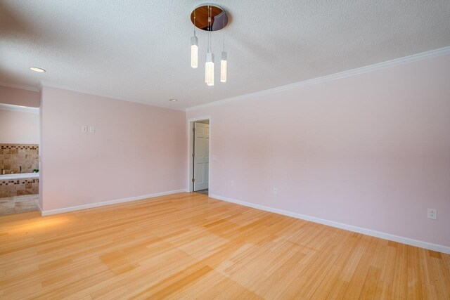 unfurnished room featuring ornamental molding, light hardwood / wood-style floors, and a textured ceiling