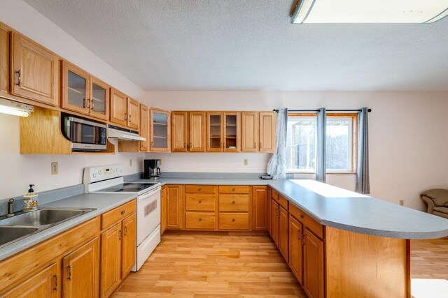 kitchen with sink, white electric range oven, light hardwood / wood-style floors, a textured ceiling, and kitchen peninsula