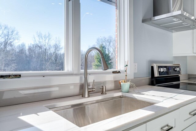 kitchen with white cabinetry, stainless steel electric stove, ventilation hood, and sink