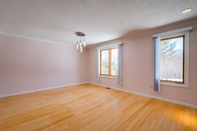 empty room featuring crown molding, a textured ceiling, and light wood-type flooring