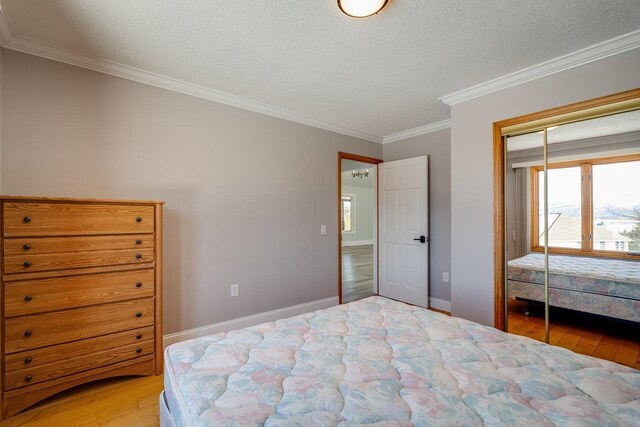 bedroom with crown molding, hardwood / wood-style flooring, a closet, and a textured ceiling