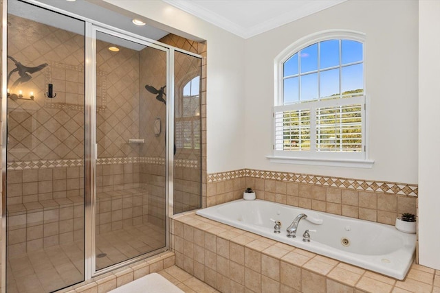 bathroom featuring ornamental molding and plus walk in shower