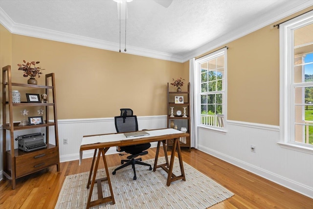 office area featuring crown molding, a textured ceiling, and light wood-type flooring