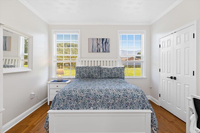 bedroom featuring ornamental molding, dark hardwood / wood-style floors, and a closet