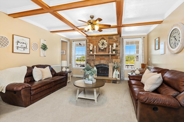 living room featuring coffered ceiling, carpet, a healthy amount of sunlight, and beam ceiling