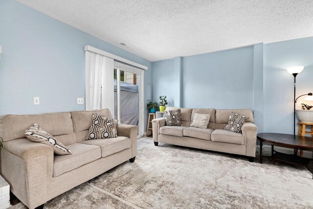 living room with carpet flooring and a textured ceiling