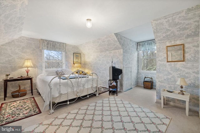 bedroom featuring lofted ceiling