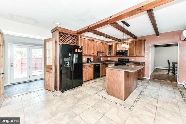 kitchen featuring a center island, a sink, black appliances, baseboards, and beam ceiling