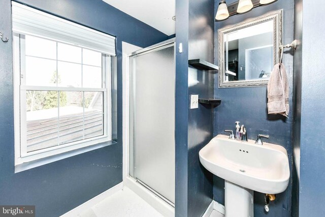 bathroom with a shower stall and a sink