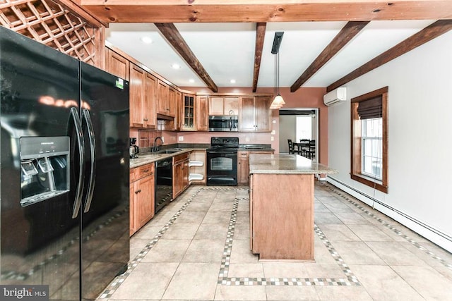 kitchen featuring a wall mounted air conditioner, a baseboard radiator, black appliances, beamed ceiling, and a kitchen island