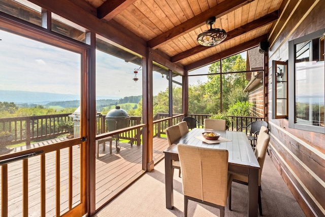 sunroom with wood ceiling and lofted ceiling with beams