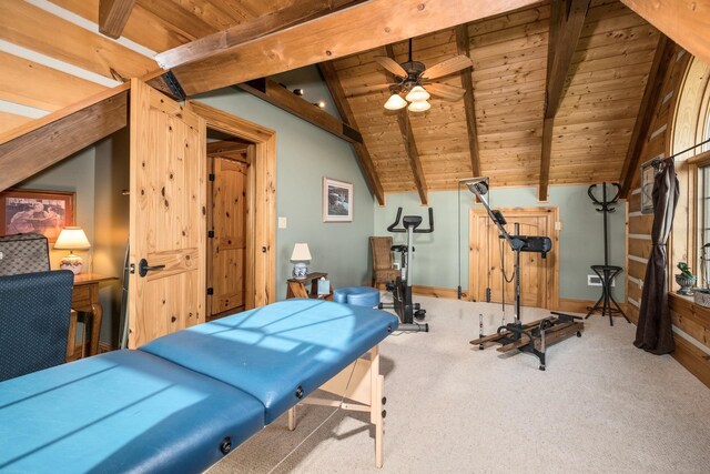 exercise area featuring carpet floors, wooden ceiling, ceiling fan, and vaulted ceiling