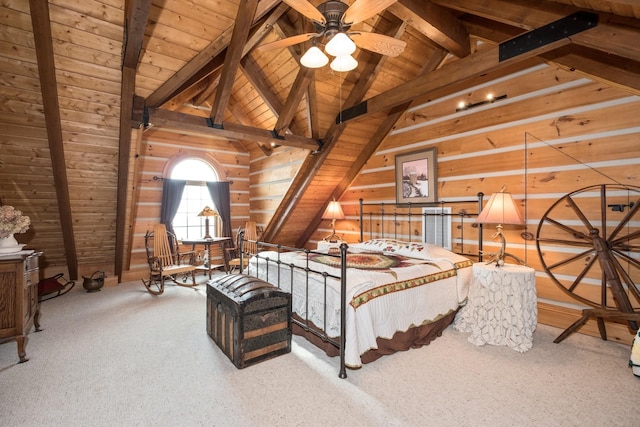 carpeted bedroom featuring lofted ceiling with beams, wood ceiling, and wooden walls