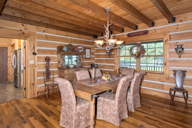 dining space with wood ceiling, wooden walls, and dark hardwood / wood-style flooring