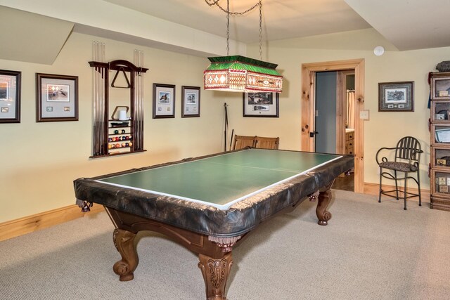 rec room featuring pool table and carpet flooring