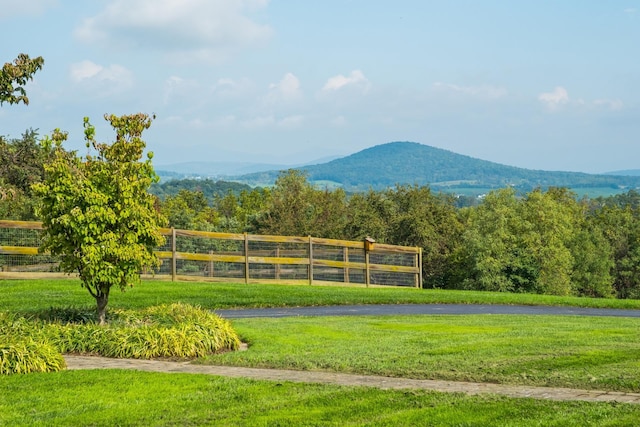 view of home's community with a yard, a mountain view, and a rural view