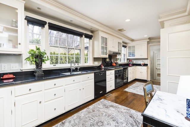 kitchen featuring a sink, beverage cooler, dishwasher, white cabinetry, and ornamental molding