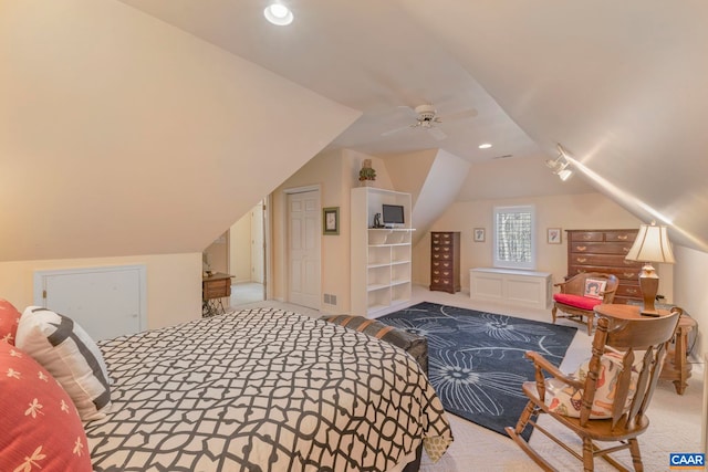 bedroom with vaulted ceiling, ceiling fan, carpet flooring, and recessed lighting