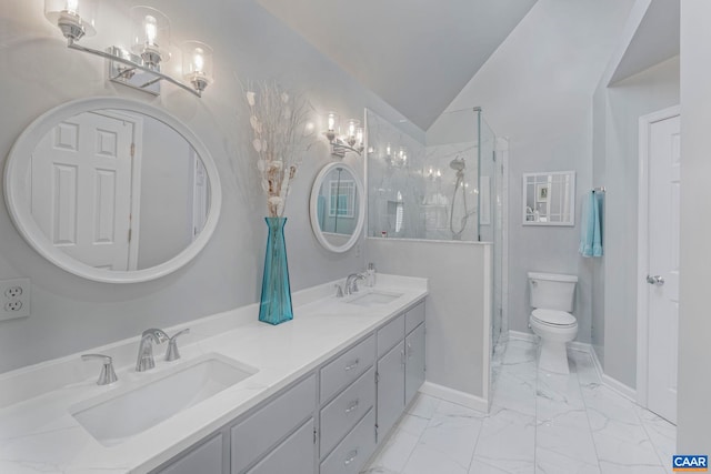 full bath with lofted ceiling, marble finish floor, a shower stall, and a sink