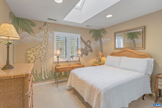 carpeted bedroom featuring a skylight, visible vents, baseboards, and recessed lighting