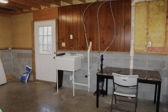 basement featuring wooden walls