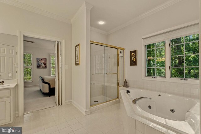 bathroom with visible vents, crown molding, a shower with door, tile patterned floors, and a bath