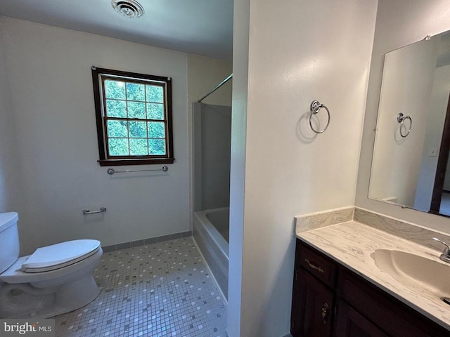 full bathroom with tile patterned flooring, vanity, shower with separate bathtub, and toilet