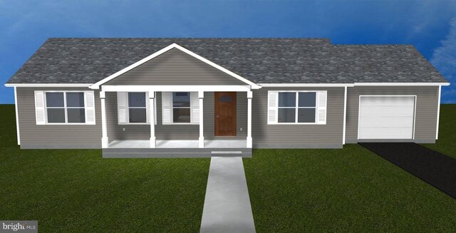 view of front of home featuring a porch, a garage, and a front lawn