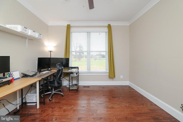 office space featuring crown molding, dark wood-type flooring, and ceiling fan