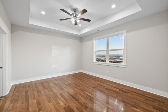 spare room with wood-type flooring, a raised ceiling, and ceiling fan