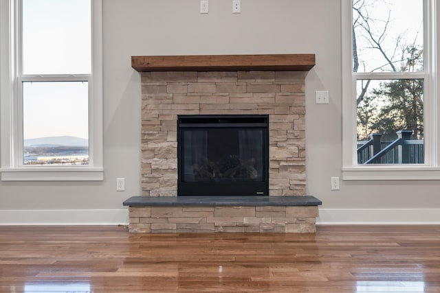 interior details with hardwood / wood-style flooring and a stone fireplace