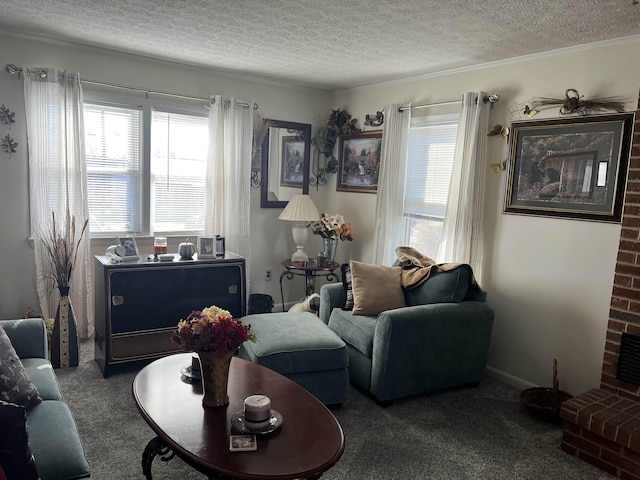 interior space featuring carpet floors, crown molding, a textured ceiling, and a wealth of natural light