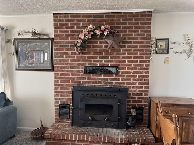 details featuring a wood stove, visible vents, ornamental molding, and a textured ceiling